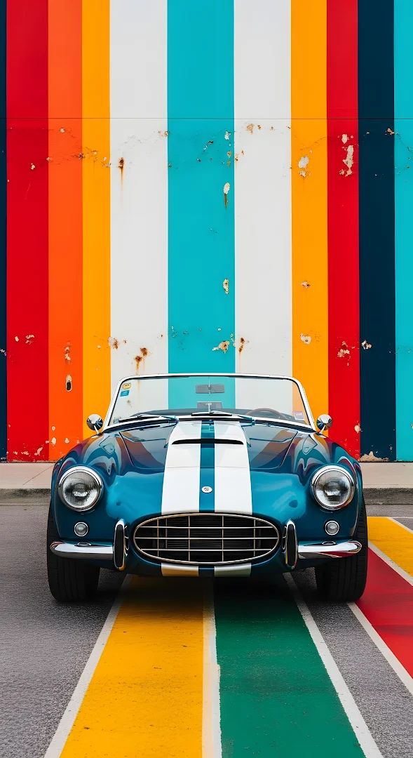 Classic Blue Sports Car Against Vibrant Striped Wall Art