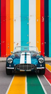 Classic Blue Sports Car Against Vibrant Striped Wall Art