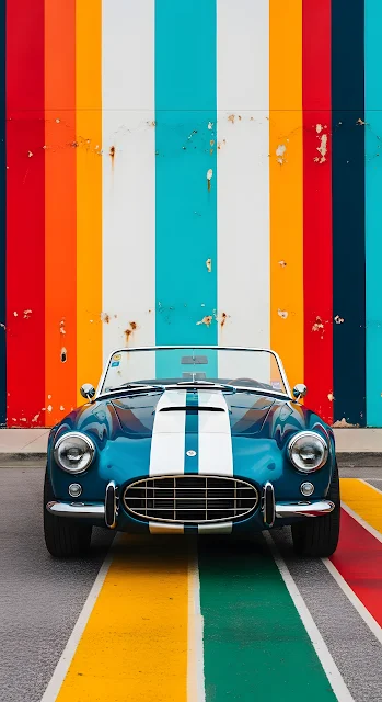 Classic Blue Sports Car Against Vibrant Striped Wall Art