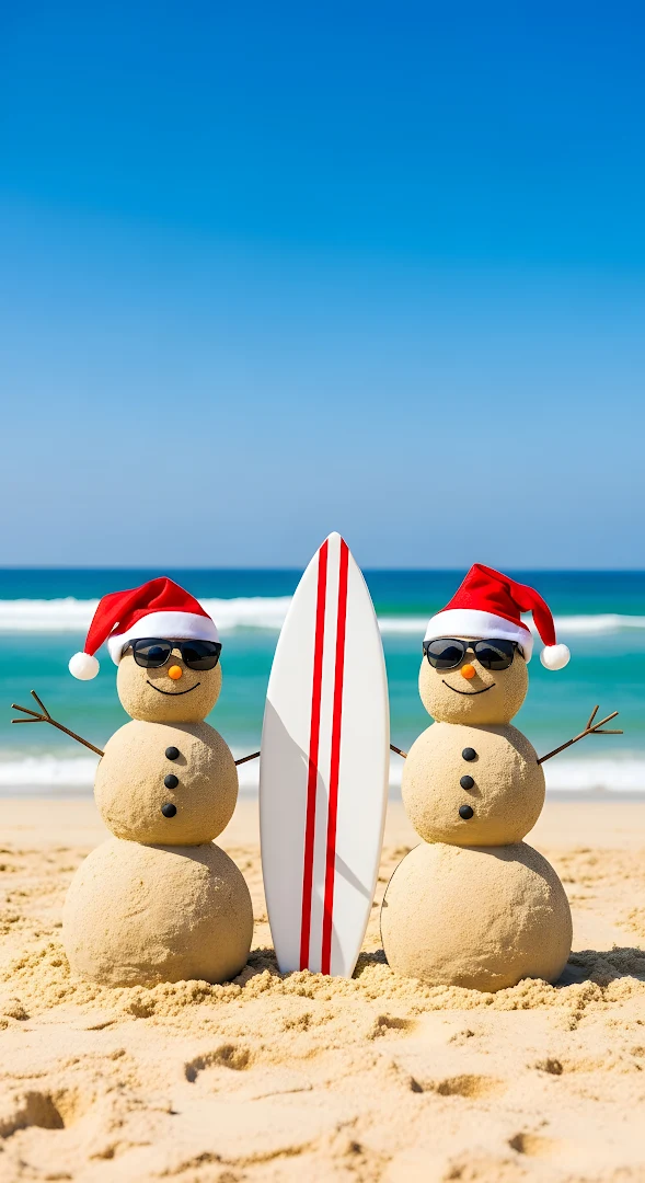 Sand Snowmen Surfing Tropical Christmas Beach