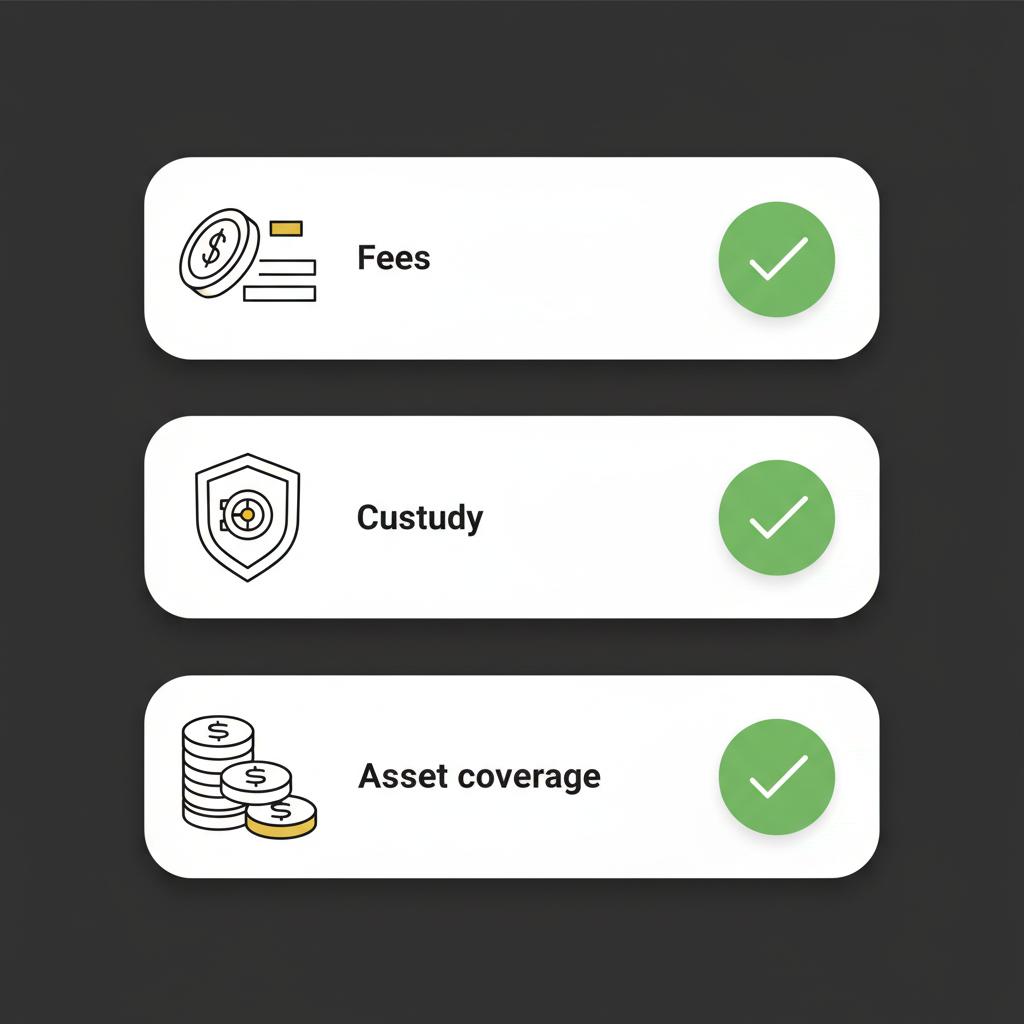 Minimalist 2D vector checklist showing icons for fees custody and asset coverage with green check marks emphasizing best place to buy cryptocurrency