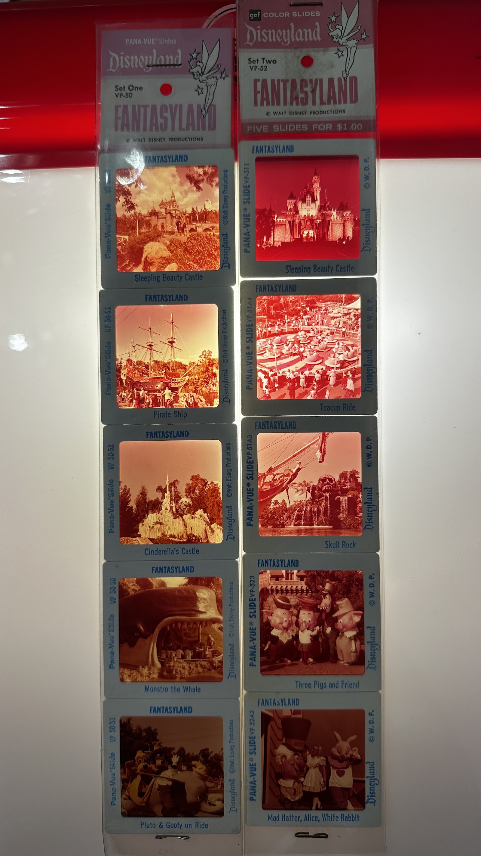 GAF Pana-Vue 35mm slide set VP-50 showing five Disneyland Fantasyland scenes including Sleeping Beauty Castle and the Chicken of the Sea Pirate Ship, circa 1962–1969
