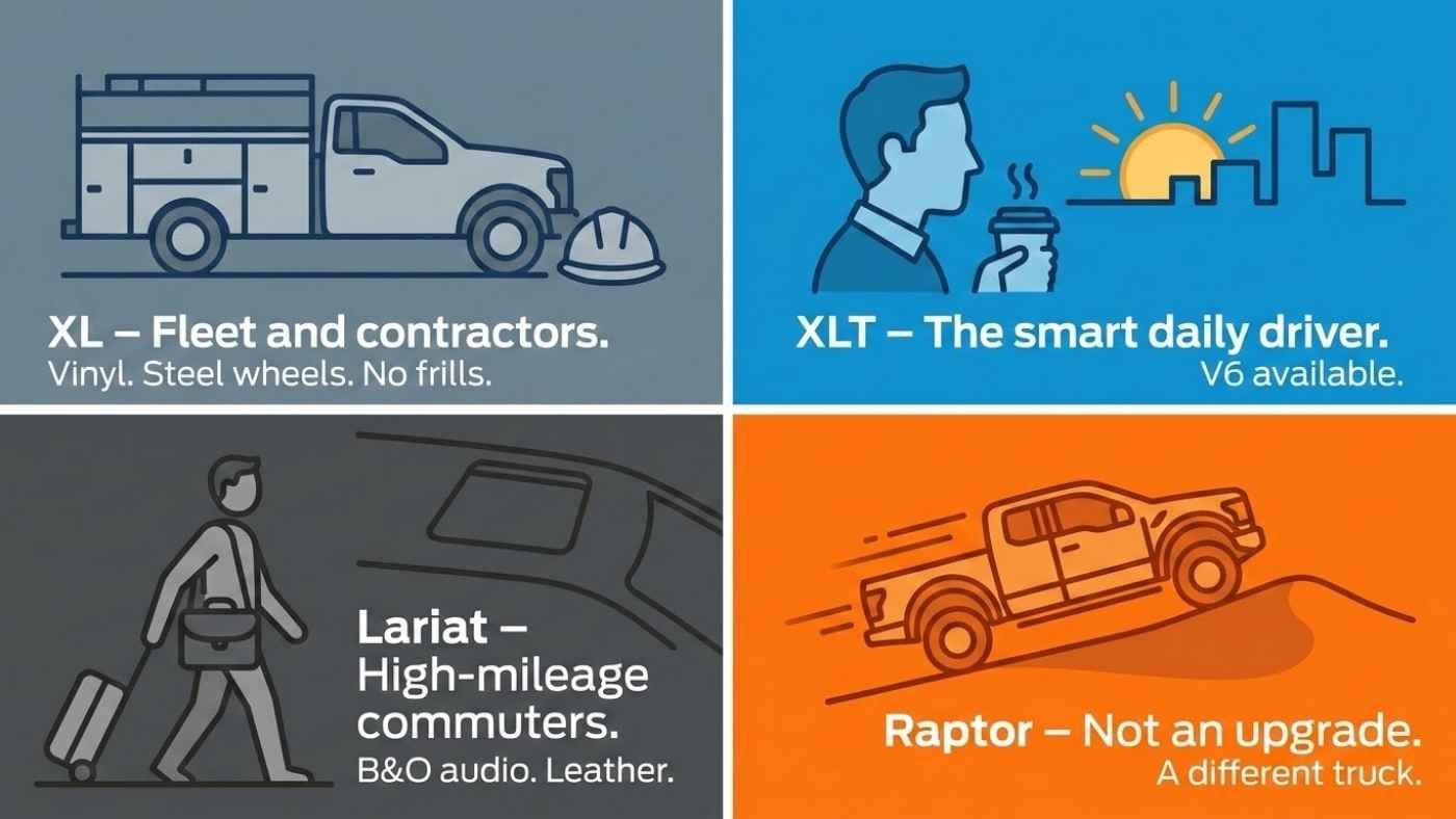 Ford Ranger XL vs XLT comparison graphic shows fleet-focused XL and feature-rich XLT alongside Lariat and Raptor trim roles.