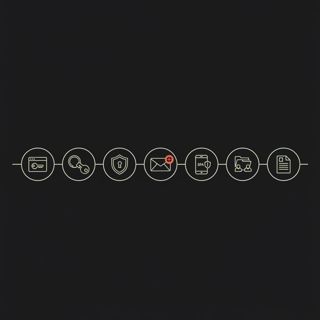 Minimal 2D vector infographic showing a 7-step password recovery flow: browser manager, keychain, password manager, recovery email, 2FA, team vault, documentation — retrieve saved password on email