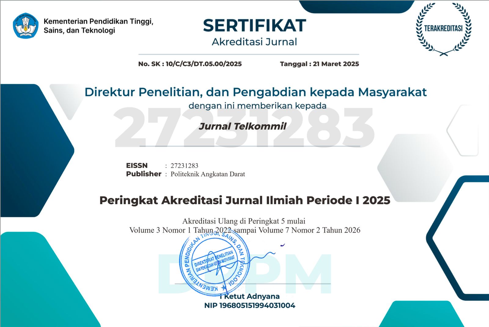 Sertifikat Akreditasi SINTA 5 Jurnal Teknik Telkommil