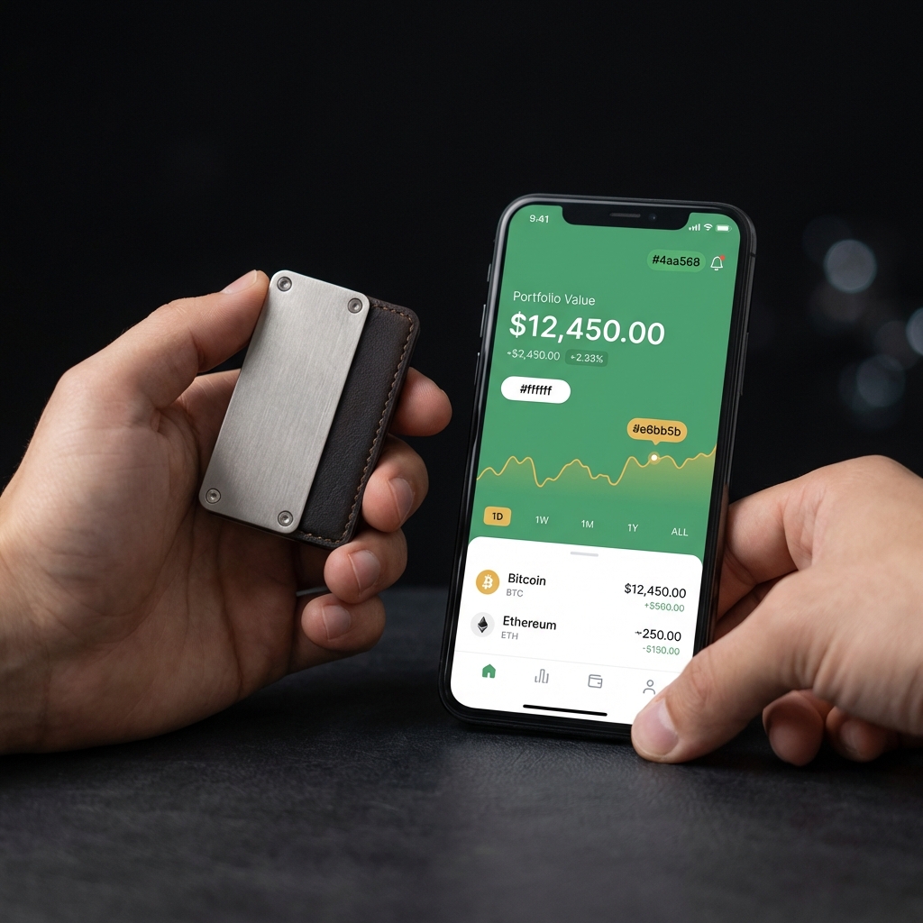 Close up of person holding a hardware crypto wallet beside a smartphone showing a clean trading app interface with green and gold accents in Finance Police style best app for trading cryptocurrency