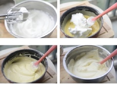 Cho lòng trắng trứng và đường trắng (chia làm 3 đợt) vào 1 cái tô khác, dùng máy đánh trứng đánh cho đến khi lòng trắng trứng bông cứng. Dùng phới dẹt cho hỗn hợp lòng trắng trứng vào trộn cùng với hỗn hợp bột và lòng đỏ bằng kĩ thuật fold. Lưu ý, là trộn thật nhẹ nhàng để tránh vỡ bọt khí. Bánh bông lan sữa chua ngon hay không là ở bước này đó.