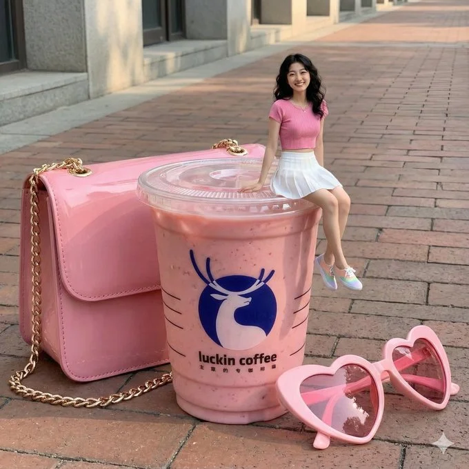 Fotografía realista de una escena intermedia de una superficie de carretera al aire libre con una bebida de café Luckin y accesorios.