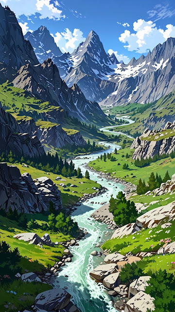 Cartoon Alpine Valley River Mountain Landscape - Free mobile Wallpaper