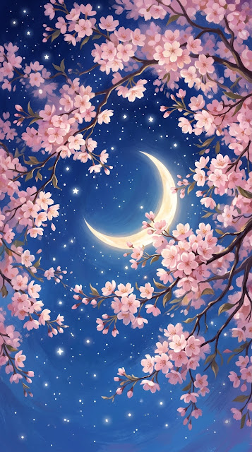Starry Night Landscape with Crescent Moon and Cherry Blossoms - Free mobile Wallpaper