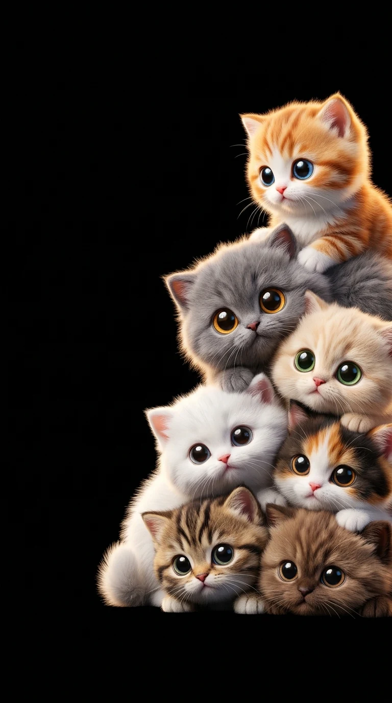 Cute Stacked Fluffy Kittens 3D Render - Free 4K mobile Wallpaper