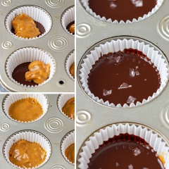 Múc bơ đậu phộng lên phần chocolate, trải đều ra, cuối cùng phủ lại bằng lớp chocolate, bạn có thể rắc 1 ít muối biển hạt để món bánh đậm vị hơn. Cuối cùng cho khuôn bánh vào nơi mát mẻ cho đông lại là được.