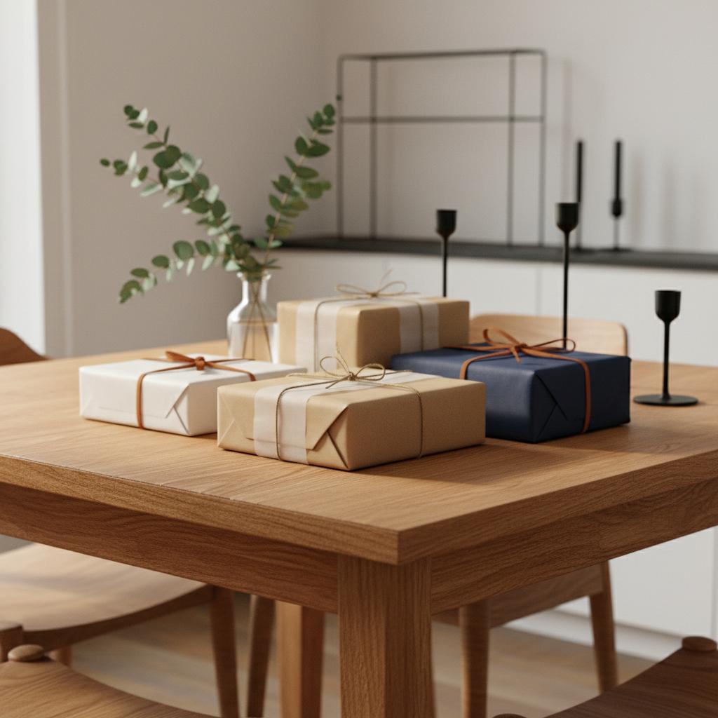 Intime Esstisch-Szene mit sorgfältig verpackten Geschenken, Seidenpapier und Eukalyptusvase – muttertagsgeschenke ideen, warme Holz- und Metalldetails.