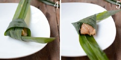 Sau đó, gấp 2 đầu lá dứa xuống và gài vào bên trong là xong. Gần giống như buộc miếng thịt vào trong lá dứa.