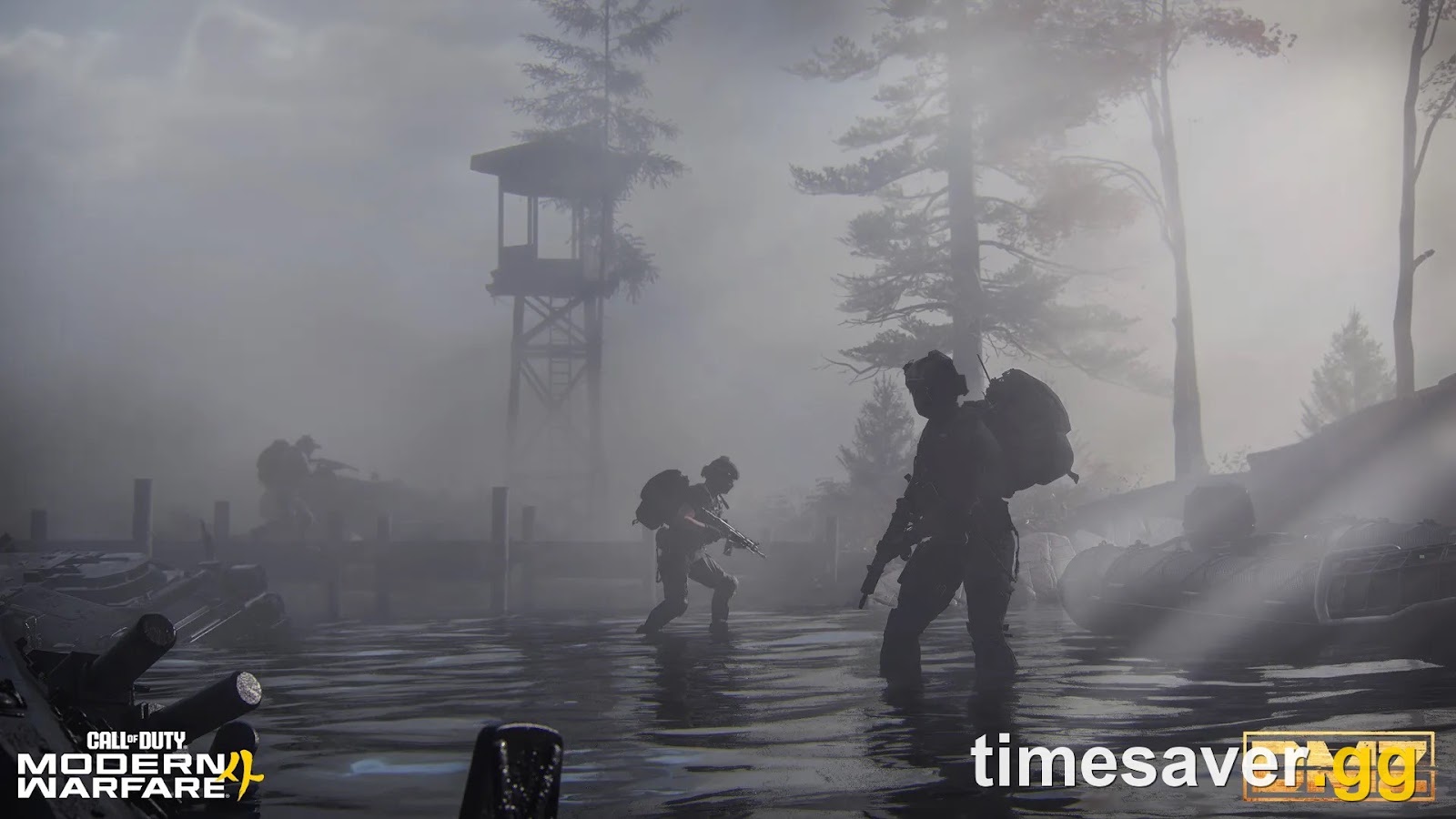 Modern Warfare 4 DMZ squad advancing through a foggy flooded outpost in the Hajin exclusion zone