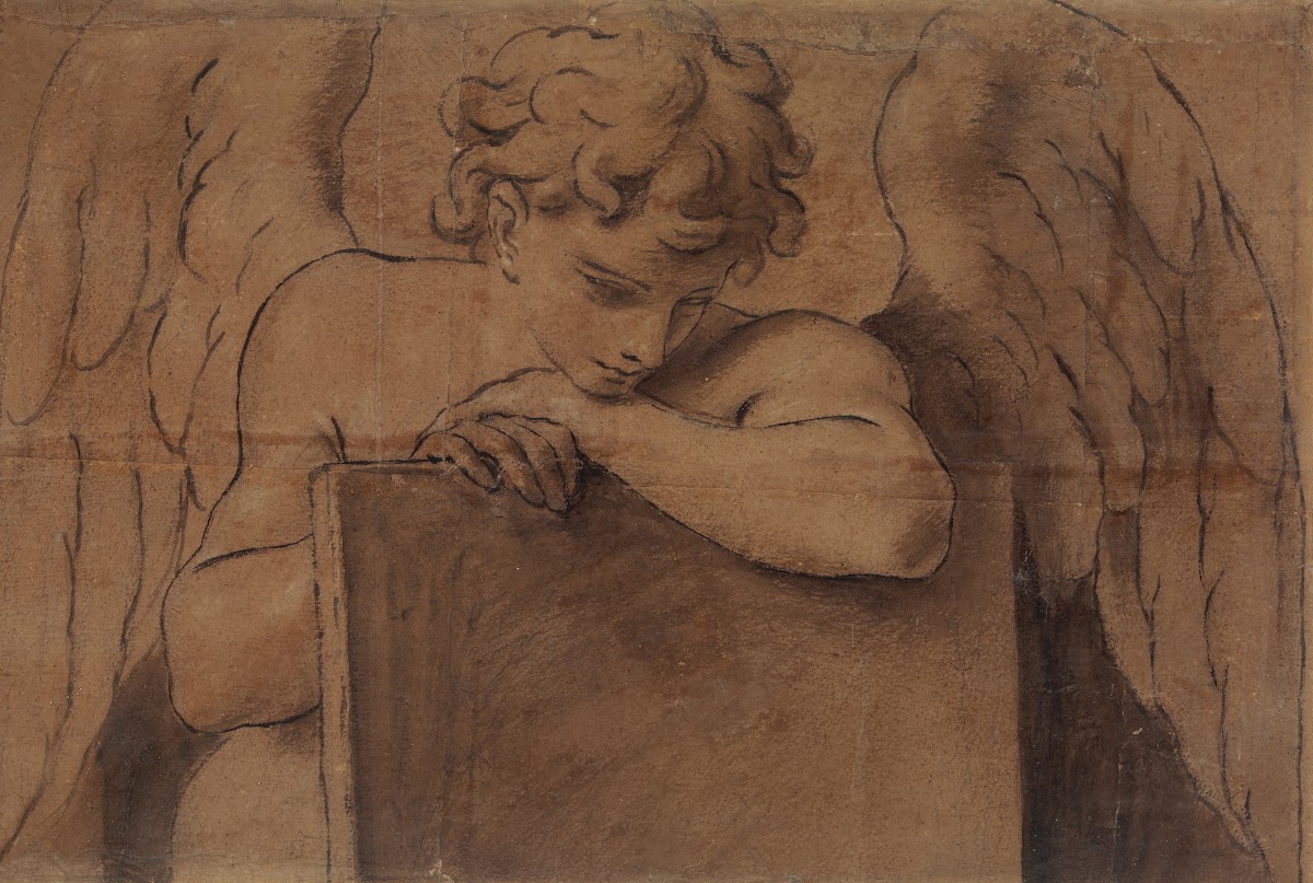 Cartoon Fragment for Adolescent Angel Leaning on a Tablet or Closed Book ca 1690