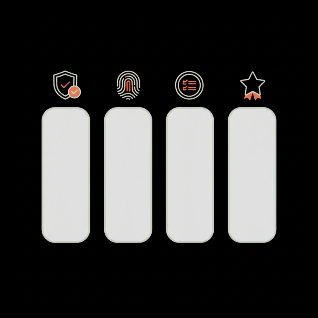 Minimal 2D vector infographic of four verification pillars (authenticity, uniqueness, completeness, notability) as icons on black background using Social Success Hub colors — Instagram blue tick
