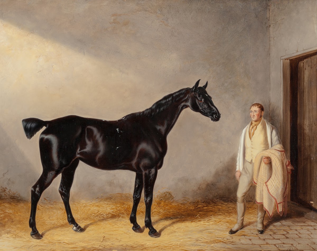 A dark bay hunter with a groom in a stable 1833