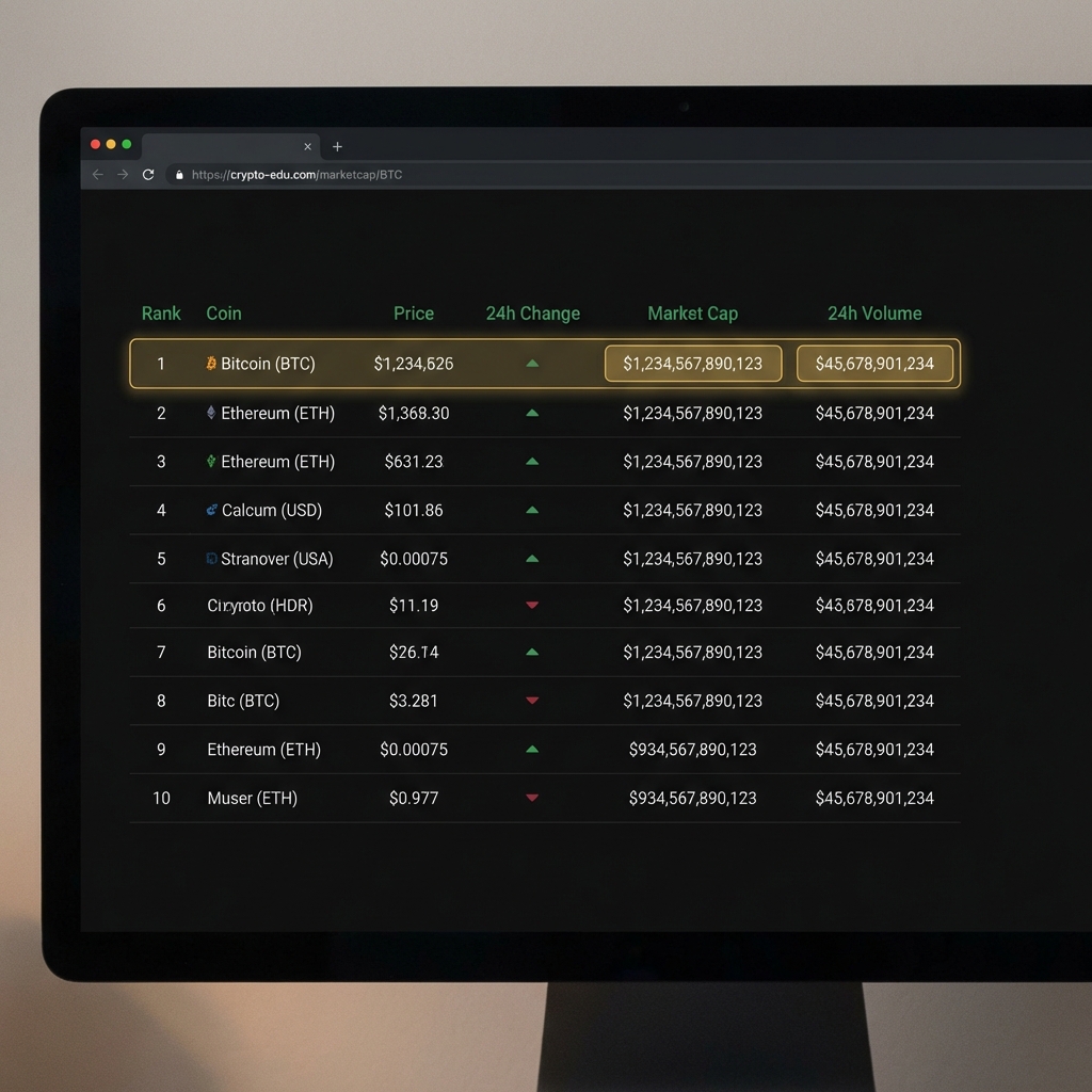 Close up of web browser aggregator highlighting market cap and 24 hour volume fields for a coin in market on a dark minimalist background with green and gold accents