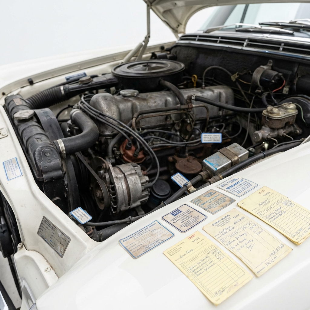 Close up clean engine bay of an older sedan with visible service stickers and receipts nearby showing maintenance history cars for under 5000