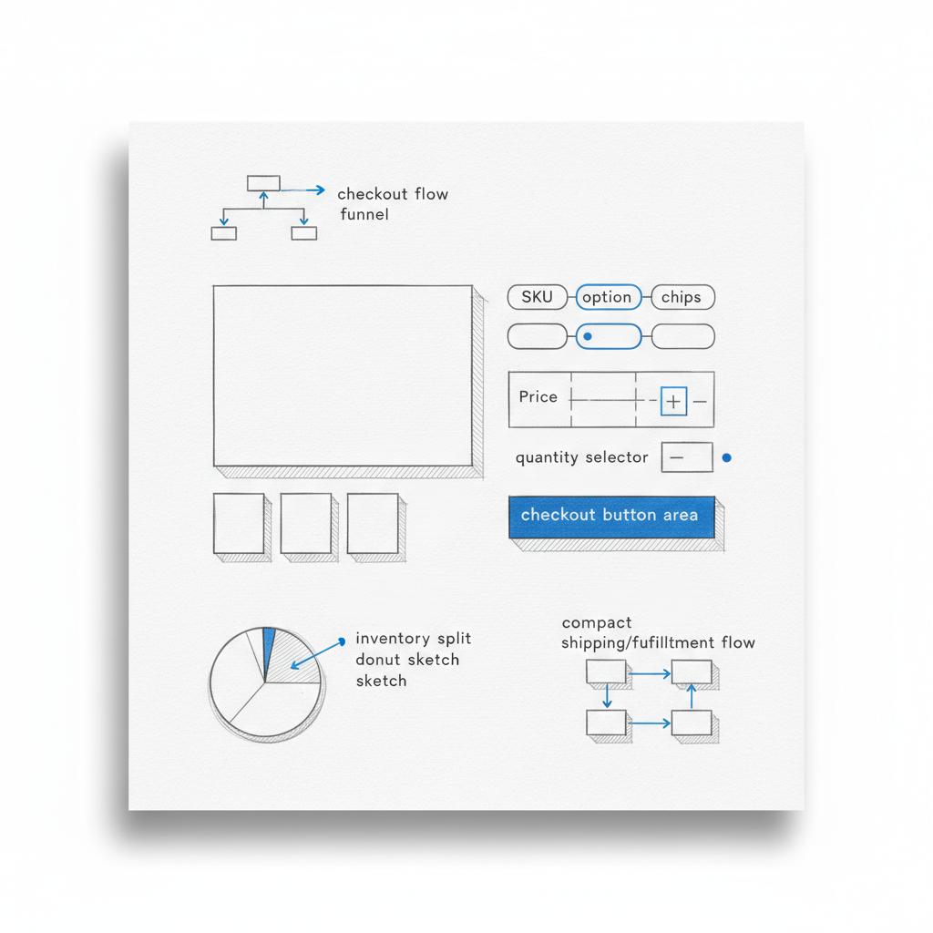 Close-up sketched product page wireframe on clean white textured paper showing product image blocks, SKU options, price and checkout button with #1a5bfb highlights &mdash; website builder for selling