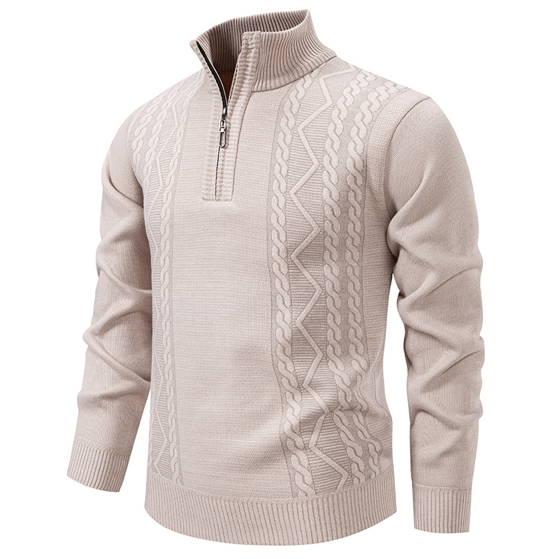 Men's knitted pullover with stand-up collar and half-zip closure