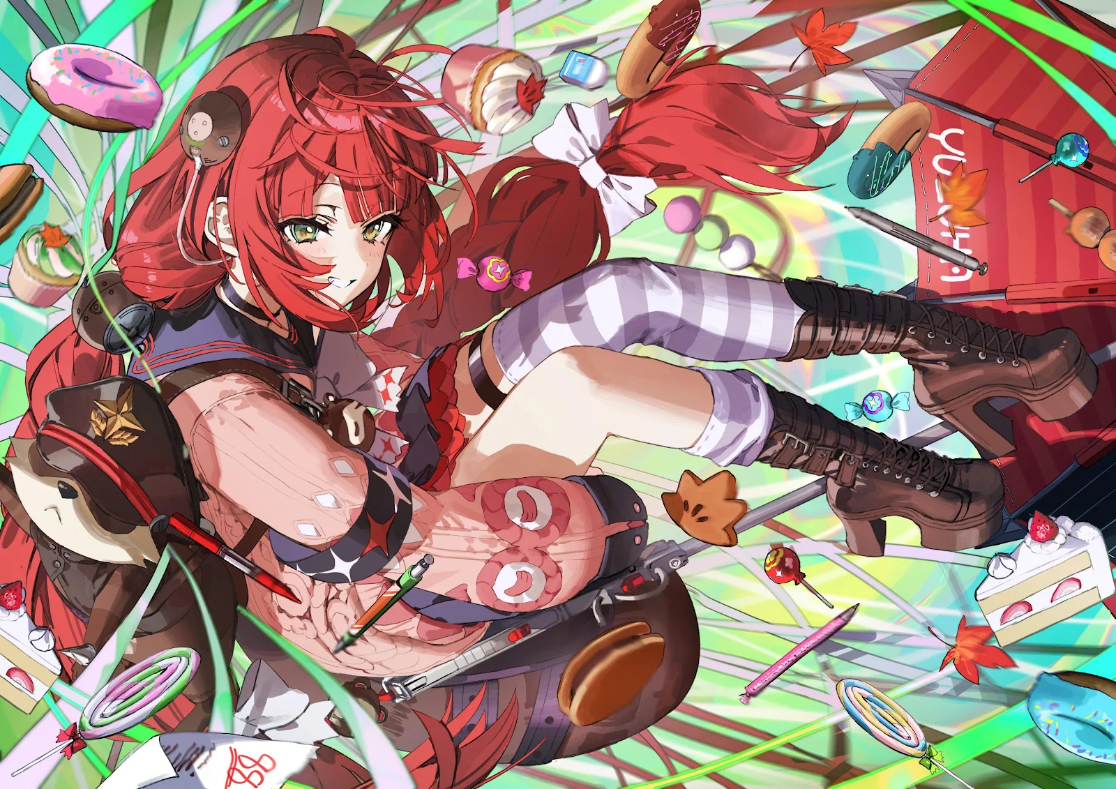 Anime Girl, Red Hair, Desserts, Digital Art 4K Wallpaper Background (4000x2828)
