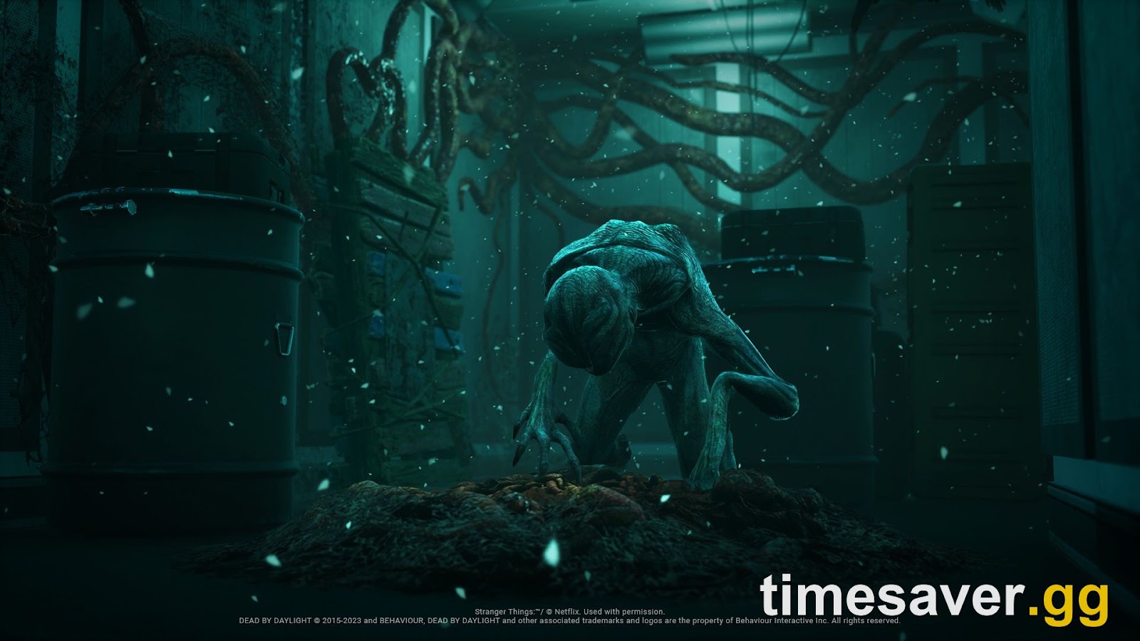 The Demogorgon crouching over an Of the Abyss portal inside the vine-covered Hawkins laboratory