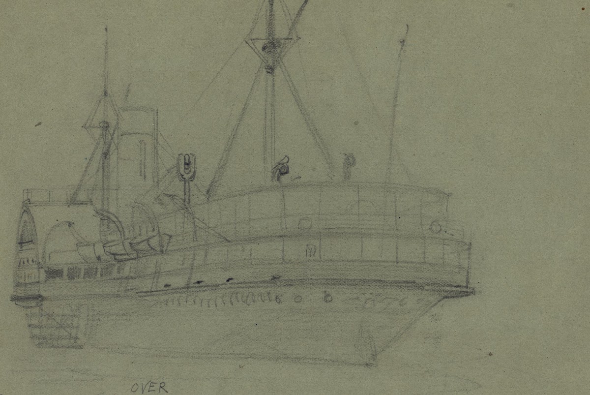 Oblique view of sidewheel steamship 1860 1865
