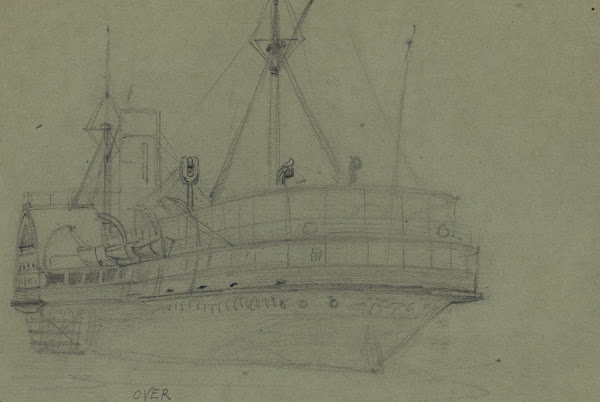 Oblique view of sidewheel steamship 1860 1865