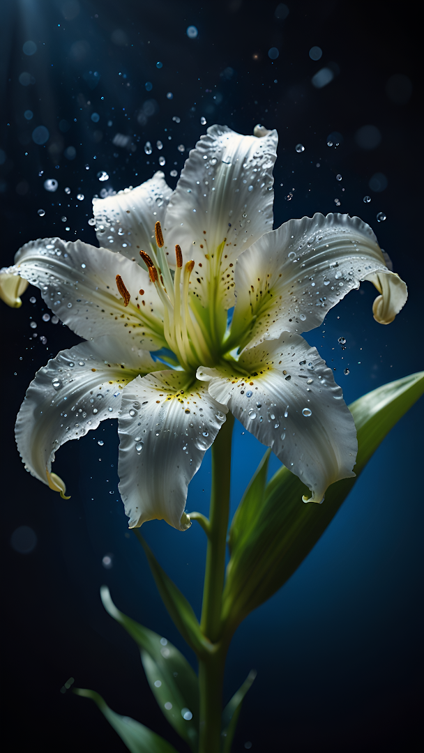 White Lily with Dewdrops Glowing Against Dark Blue Background