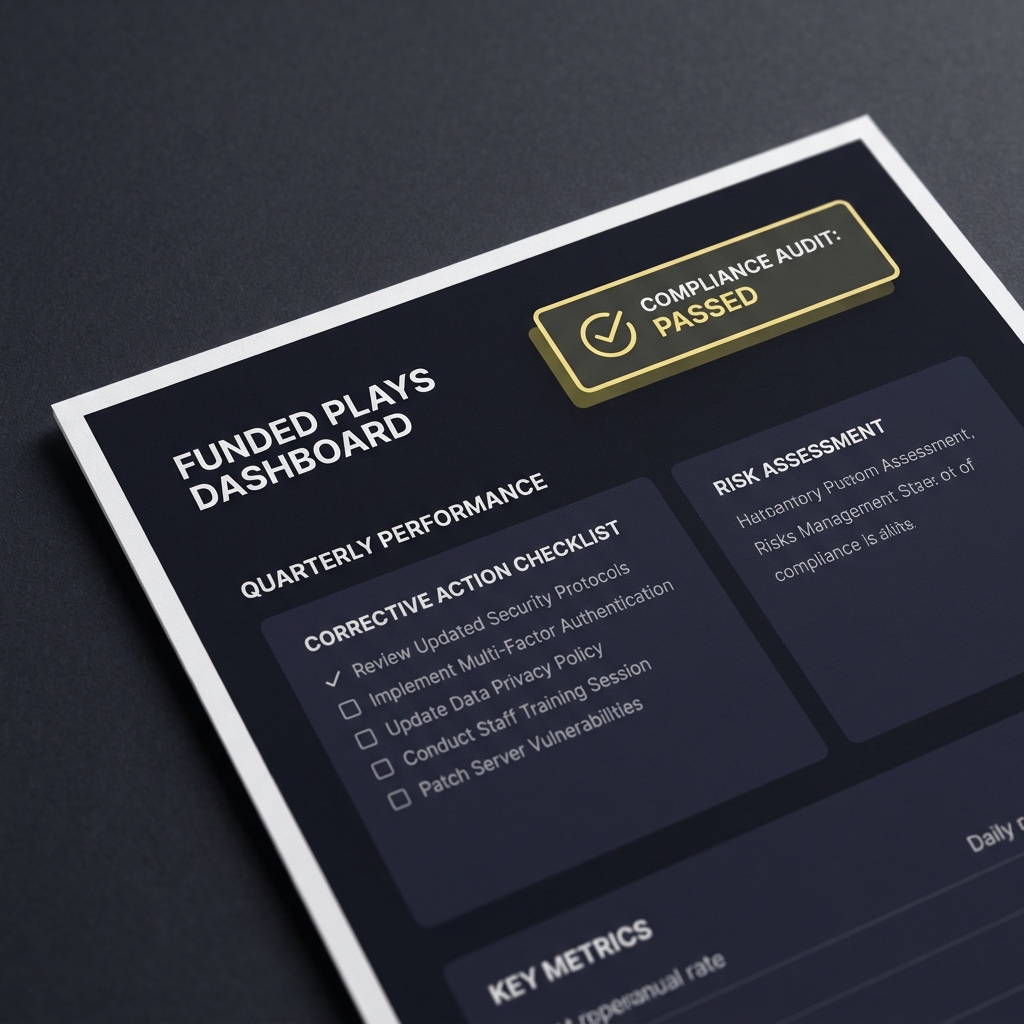 Monthly Performance Review for Funded Challenges close up of a single printed dashboard page featuring a highlighted compliance badge and a corrective action checklist on a dark branded background