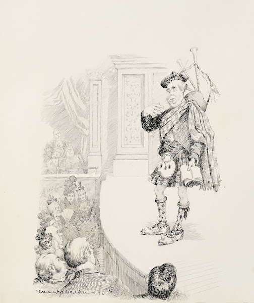 A man in full Scottish garb with bagpipes and a book performs on stage 1896
