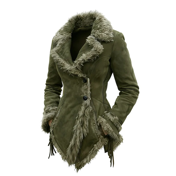 Damen-Wildlederimitat-Jacke mit Fellkragen und Revers