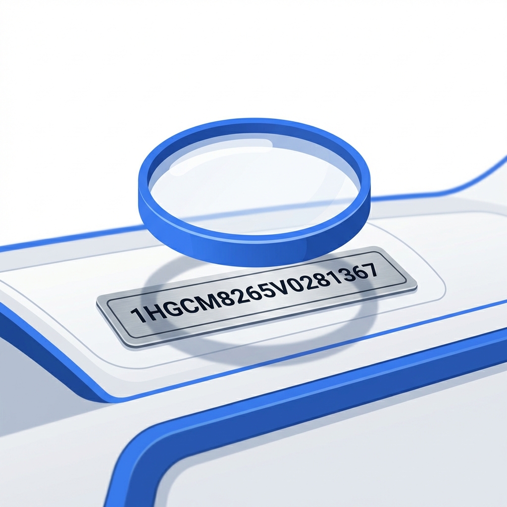 Is BeenVerified as good as Carfax minimal illustration of magnifying glass over car VIN plate on white background with blue accents