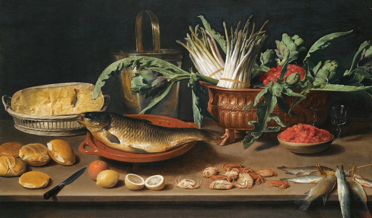 Still Life With A Fish On A Terracotta Plate Bunches Of Asparagus Artichokes And