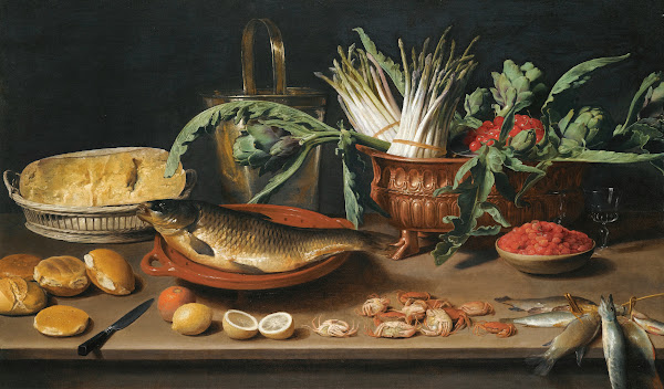 Still Life With A Fish On A Terracotta Plate Bunches Of Asparagus Artichokes And