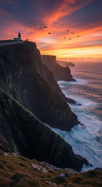 Dramatic Lighthouse on Coastal Cliffs at Vibrant Sunset - Free mobile Wallpaper
