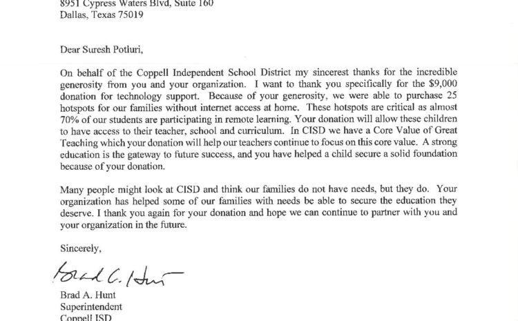 ITServe Alliance Dallas Chapter The Superintendent of Coppell write us an appreciation letter for our recent donation of $9,000 to help provide WiFi to students