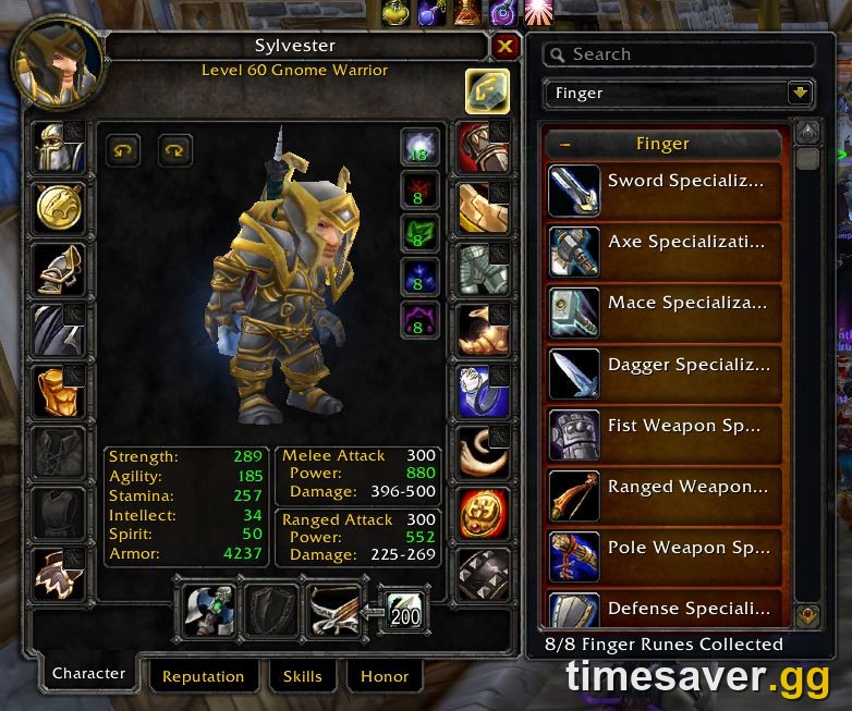 WoW Season of Discovery rune-engraving interface on a level 60 character showing collected finger runes