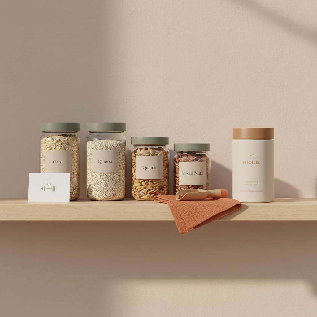 Minimalist pantry shelf with jars of oats, quinoa and nuts and a Tonum Motus container on the right, illustrating solutions for carb cravings