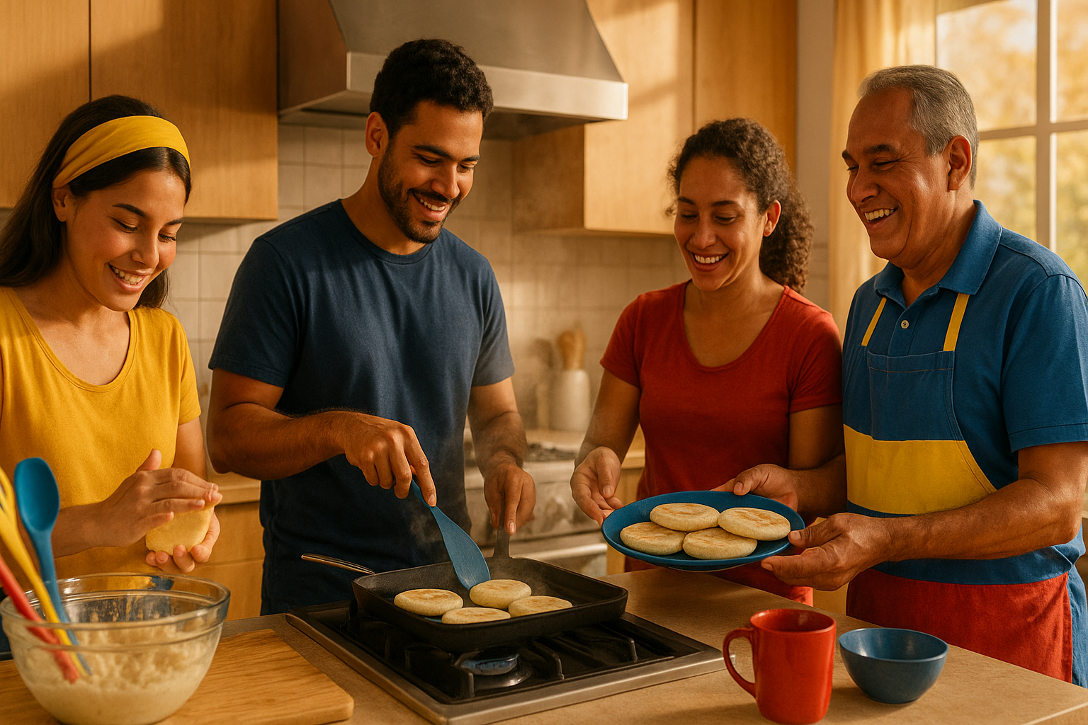 Venezolanos cocinando arepas juntos en una cocina compartida moderna