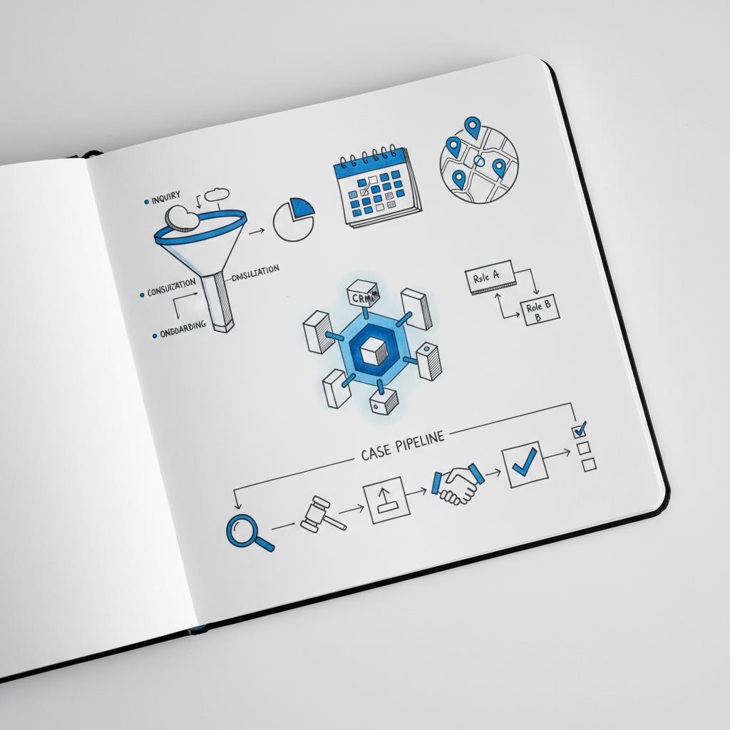 Top-down sketchbook page with hand-drawn client intake funnel, calendar, local-search map and case pipeline feeding a CRM for law firms, white background.