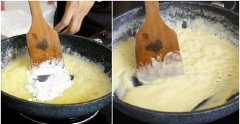 Cho bơ vào chảo, đun chảy, cho bột mì vào đảo đều, để lửa nhỏ liu riu, vừa đun vừa khuấy trong 3 phút cho sánh mịn.