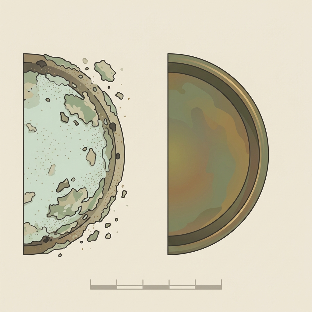 Top down vector comparison of an ancient bronze ring showing powdery green corrosion flakes on the left and a stable adherent patina on the right with a simple scale bar