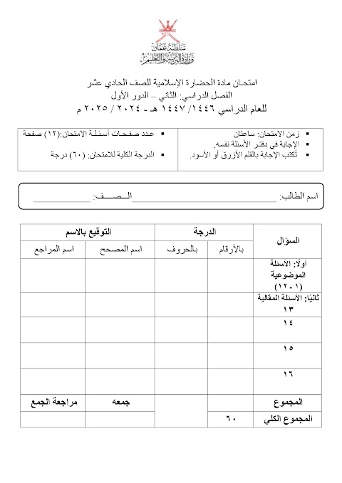 تجميع امتحانات نهائية 2024-2025 - حضارة الصف 11 الفصل 2