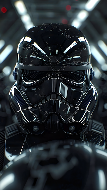 Glossy Black Stormtrooper Helmet in Sci-Fi Corridor - Free mobile Wallpaper