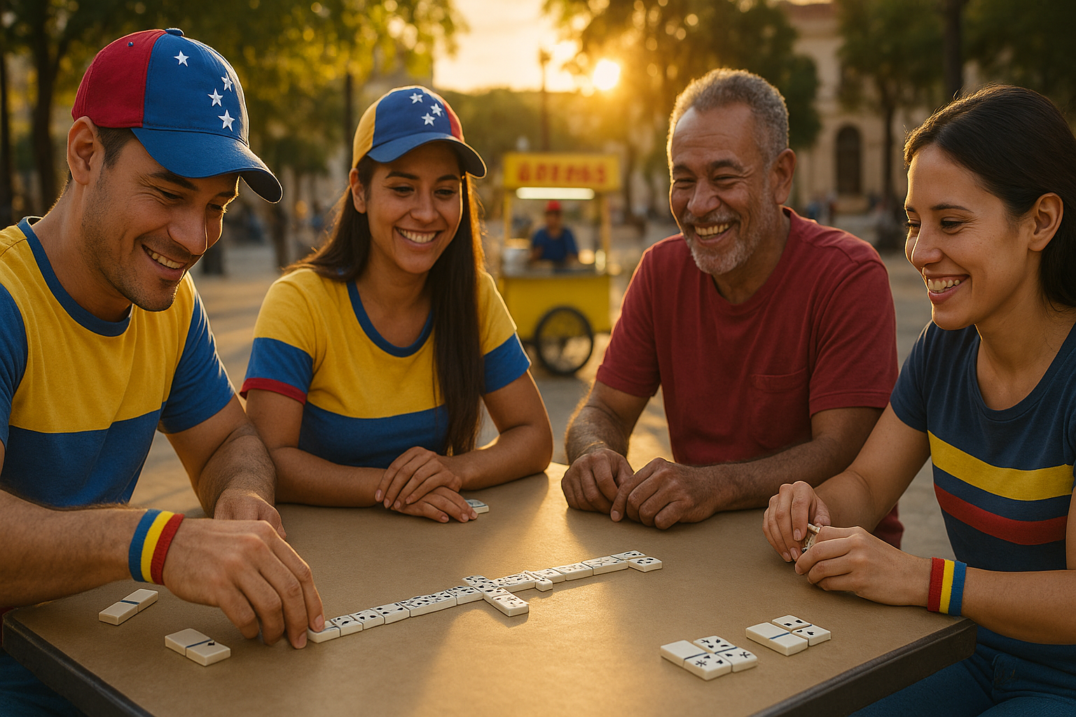 Venezolanos de distintas edades jugando dominó en una plaza urbana, ambiente cálido y comunitario