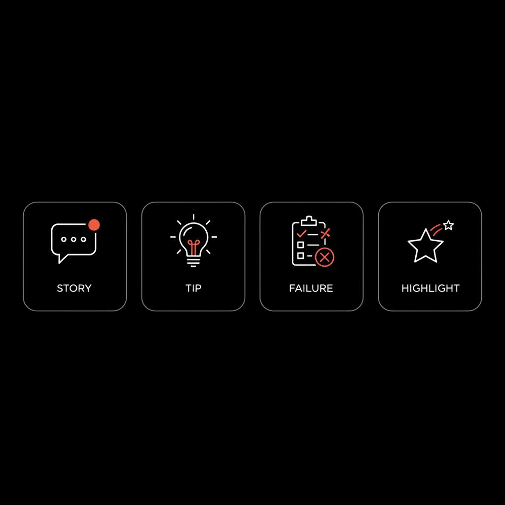 Flat modern 4-step content rhythm infographic (story, tip, failure, highlight) on black background for Social Success Hub — WhatsApp not restoring backups from Google