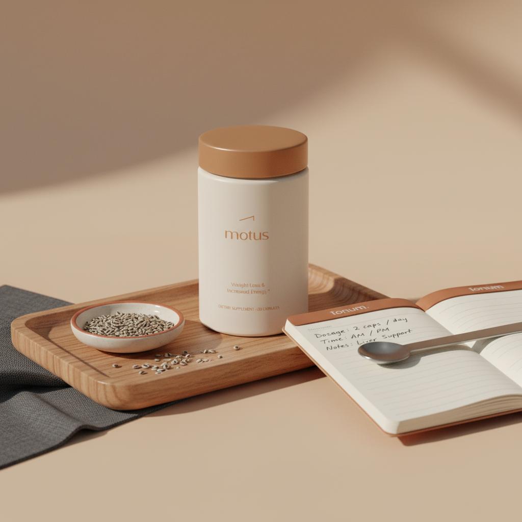 Tonum Motus container on a wooden tray with a dish of milk thistle seeds and a clinical notepad with handwritten dosage notes — is milk thistle good for your liver